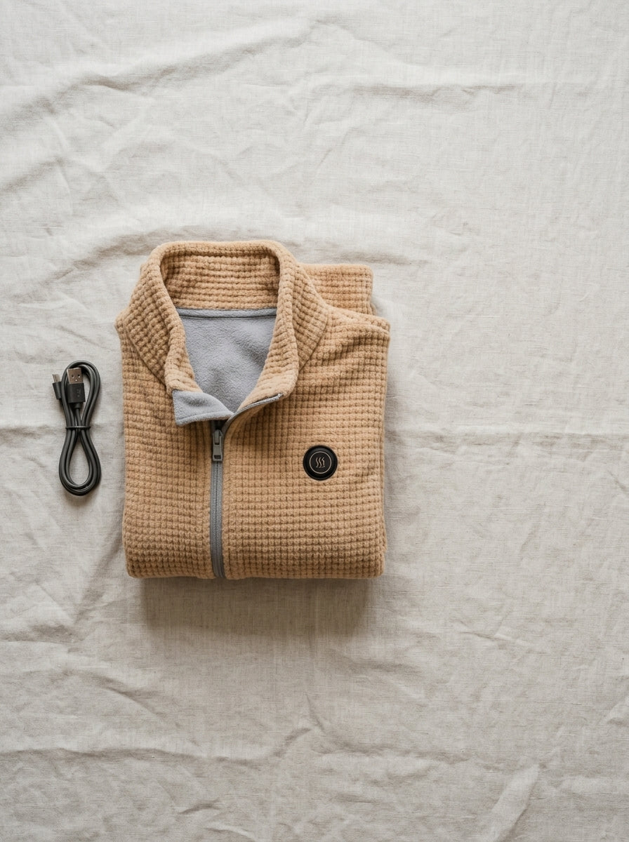 Poncho beige piegato con cavo USB su sfondo in lino naturale